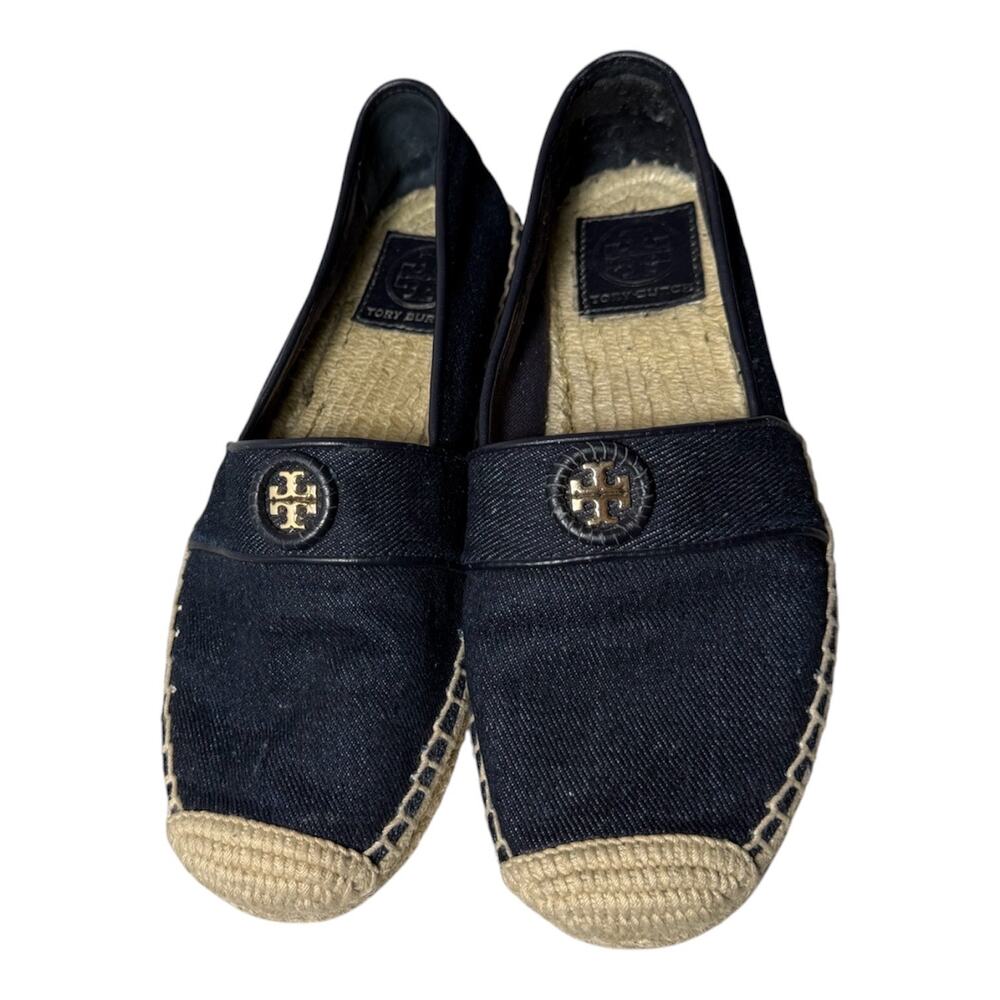 Tory Burch 6 Navy Blue Logo Slip On Espidrille Flats GUC Preppy Nautical Comfort